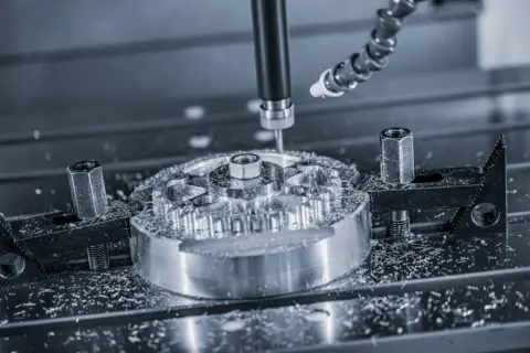 Fresadora CNC mecanizando una pieza de metal en un patrón circular, ejemplo de programación CNC mediante coordenadas polares